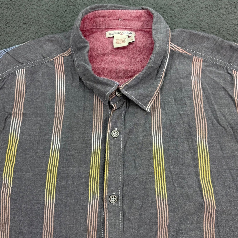 Carbon2Cobalt Button Down Shirt Mens L Gray Multi Color Stripe Short Sleeve